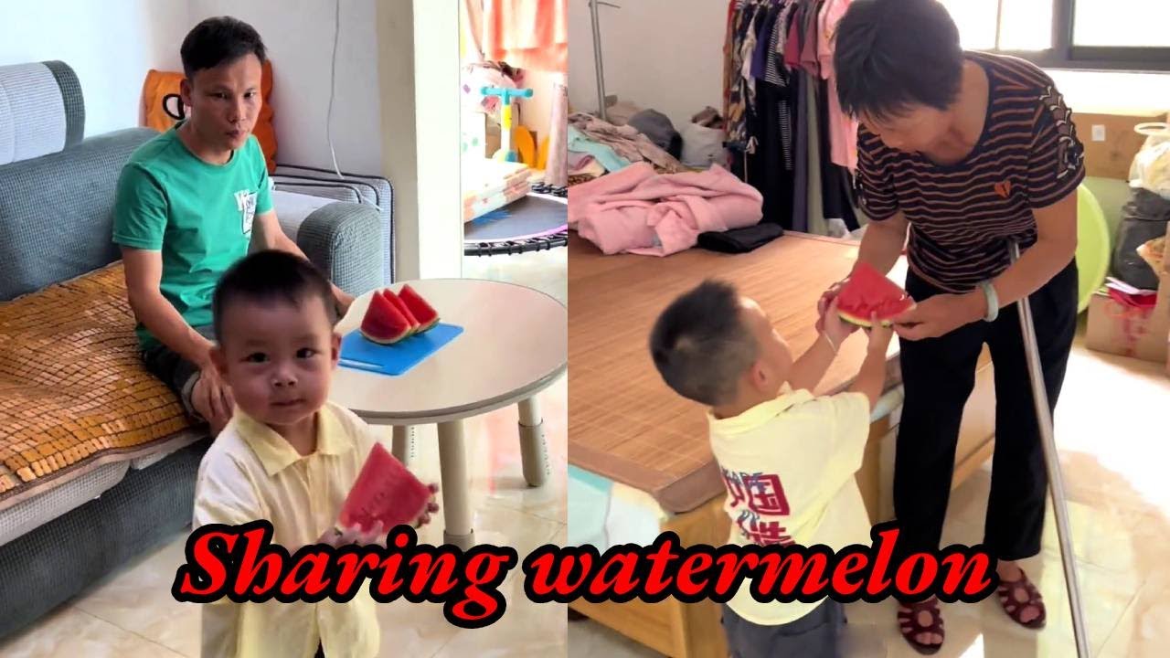 The son didn't let the father eat a watermelon alone, took it and gave it to the grandmother!