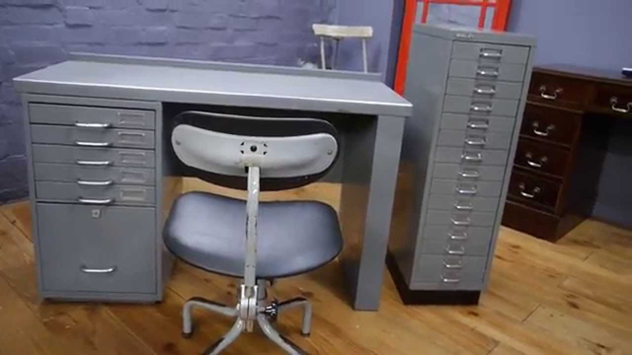 Vintage Industrial Metal Pedestal Desk Bisley Filing Cabinet