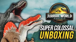 Jurassic World Rebirth Super Colossal Tyrannosaurus Rex + Spinosaurus Unboxing Colossal Clash Mattel