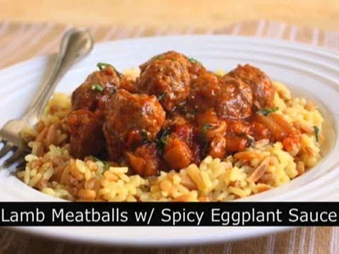 Mini Lamb Meatballs with Spicy Eggplant Tomato Sau...