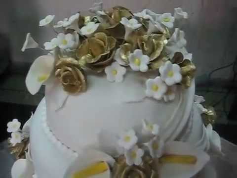 3 Tier White & Gold Wedding Cake