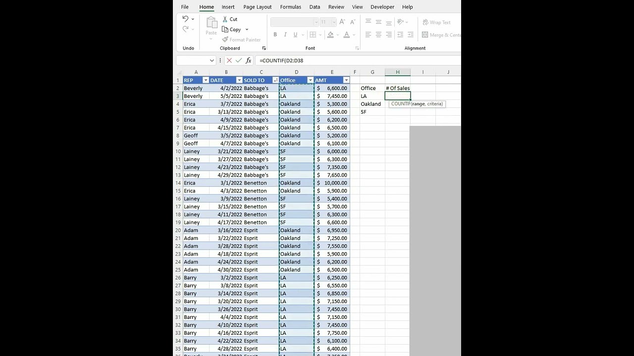 Use The Countif Function To Find Out How Many Times Something Comes Up In A Table Excel