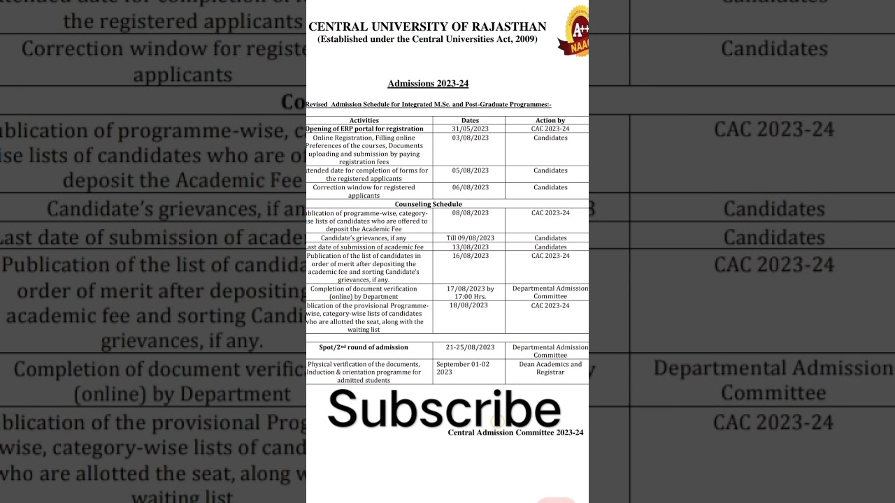 CURAJ admission schedule for UG and PG program। CURAJ। 