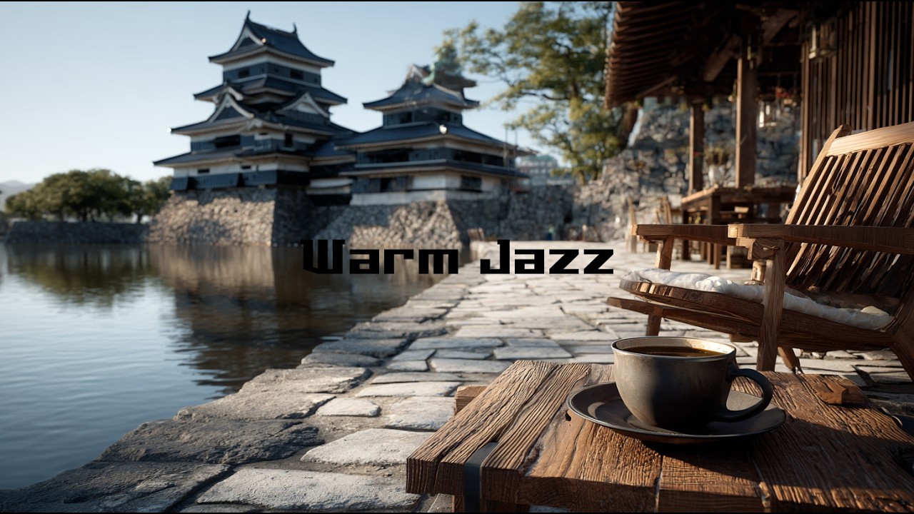 4K Warm Jazz Riverside Café ☕ Japanese Castle Morning View | Relaxing Jazz Music for Study & Chill