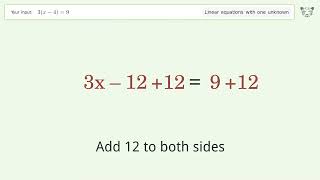 Linear equation with one unknown: Solve 3(x-4)=9 step-by-step solution