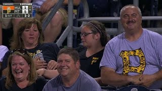 MIA@PIT: Yelich loses grip, bat flies into the stands