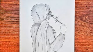 BAŞÖRTÜLÜ KIZ ÇİZİM / Tesettürlü Elinde Gül Tutan Kız Çizimi / Kapalı Bir Kız Nasıl Çizilir