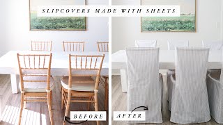 DIY NO PATTERN SLIPCOVER TUTORIAL | affordable hack using sheets to slipcover eight chairs under $60