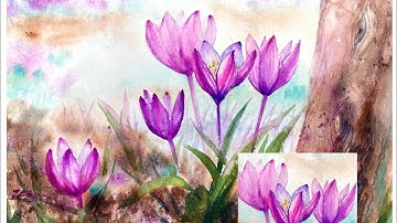 Watercolor Painting - Crocus Flower in Field-How to use Salts-Wet on Wet- Wet on Dry Technique