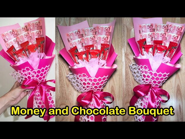 Money chocolate bouquet  Chocolate bouquet, Graduation crafts, Pink  carnations