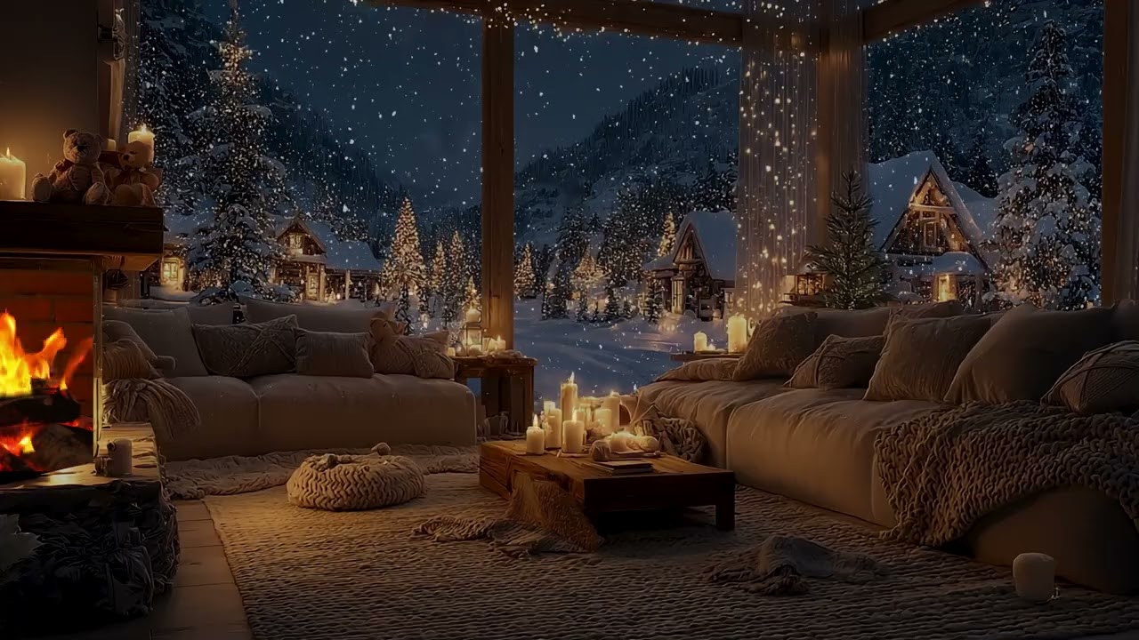 Christmas snow falling softly beyond moonlit forests | soothing winter night ambience