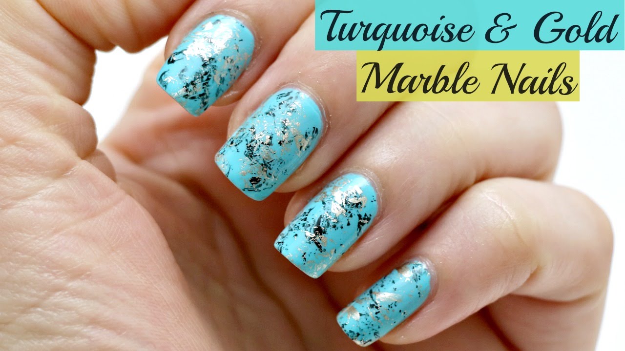 Easy Turquoise And Gold Marble Nail Art Design Youtube