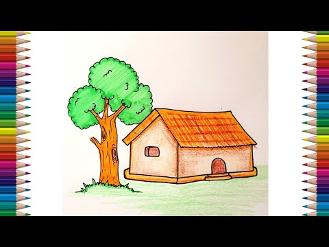 how to draw kutcha house and pucca house I kutcha house and pucca house  drawing - YouTube