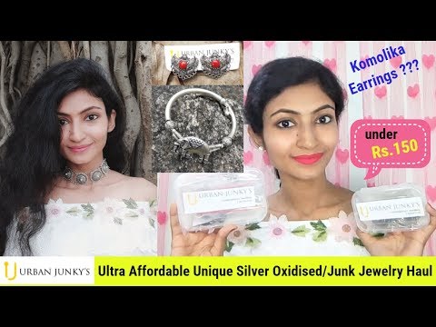 best-jewelry-haul-under-₹150-|-urban-junky's-silver-oxidised-jewellery-|-choker,-earrings,-bracelet