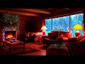 Cozy winter cabin ambience & cat | Snowfall sounds & crackling fireplace for sleep