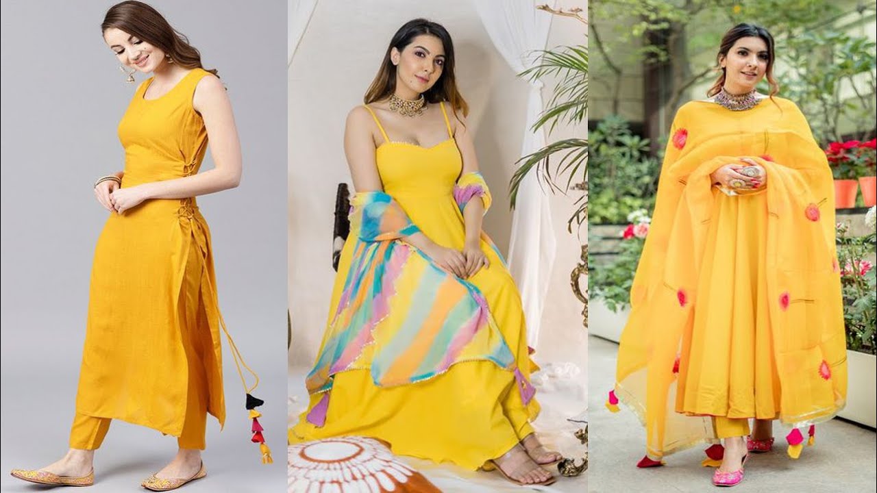 Yellow Dresses Design For Girls, Yellow suit with contrast dupatta design,Latest trendy Yellow kurti