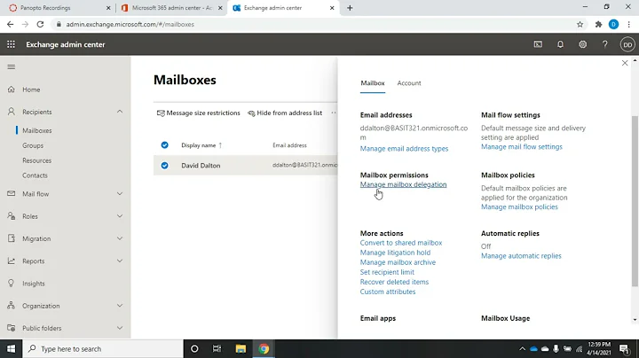 Managing mailboxes in Office 365 Exchange