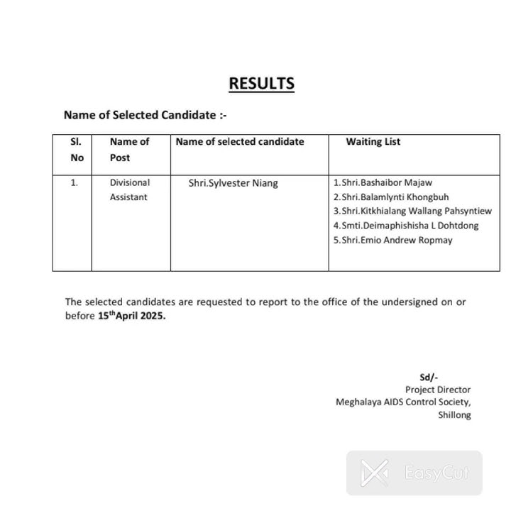 KA Result na ka bynta ka kam Divisional Assistant 2025