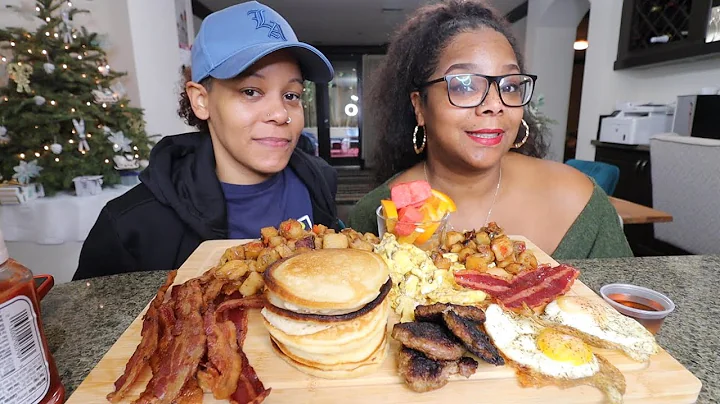 HOMEMADE AMERICAN BREAKFAST MUKBANG (PANCAKES, BACON, SAUSAGE, HOMEFRIES, SCRAMBLED EGGS)