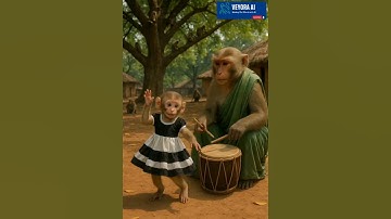 "🐒 Baby monkey dances while mama drums 🥁 under village tree 🌳 pure joy & vibes! #Viral #Dance #Cute"