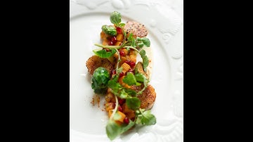 Bay Scallops Paired W/ Roasted Butternut Squash, Brussels, Parsnip Puree and Pomegranate.