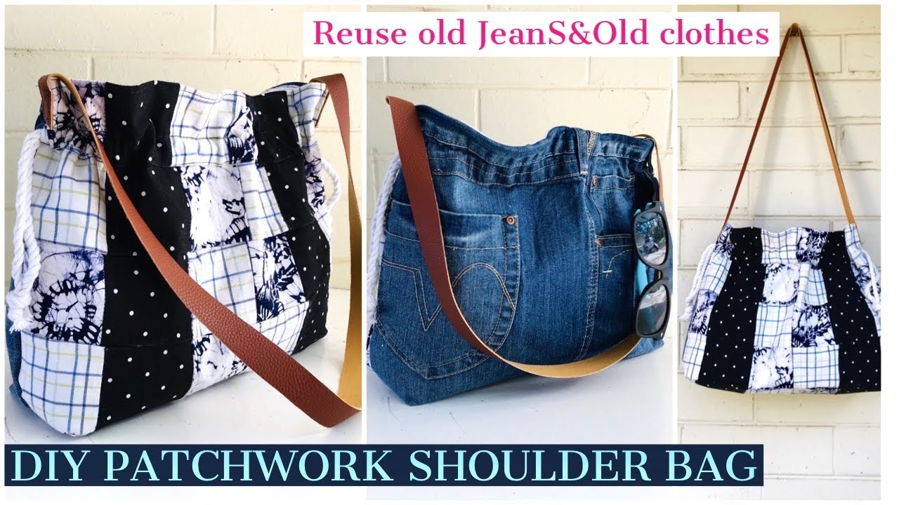 DIY BAG/PATCHWORK JEANS SHOULDER BAG/REUSE OLD CLOTHES/BOLSA DIY SEWING ...