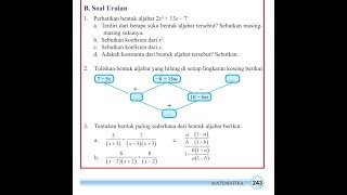 B. soal uraian 1. perhatikan bentuk aljabar 2x2 + 13x – 7 a. terdiri
dari berapa suku tersebut? sebutkan masing- masing sukunya. k...