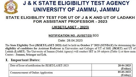 JKSET/LASET - 2023 NOTIFICATION NO. JU/SET/23/ Date: 28.04.2023