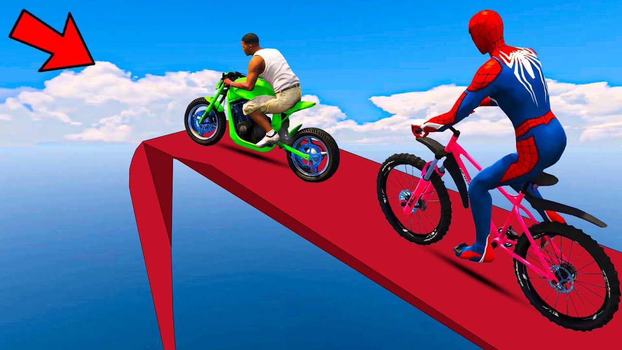 Franklin Motorcycle and Spider man Bicycle Stunt Race Challenge In GTA 5