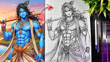 Krishna Drawing In Anime Style, How To Draw Lord Krishna Full Body In Grid Method, Step By Step
