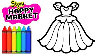How to draw a Cute Dress for kids  Story: HAPPY MARKET  Shoes Drawing and Coloring page