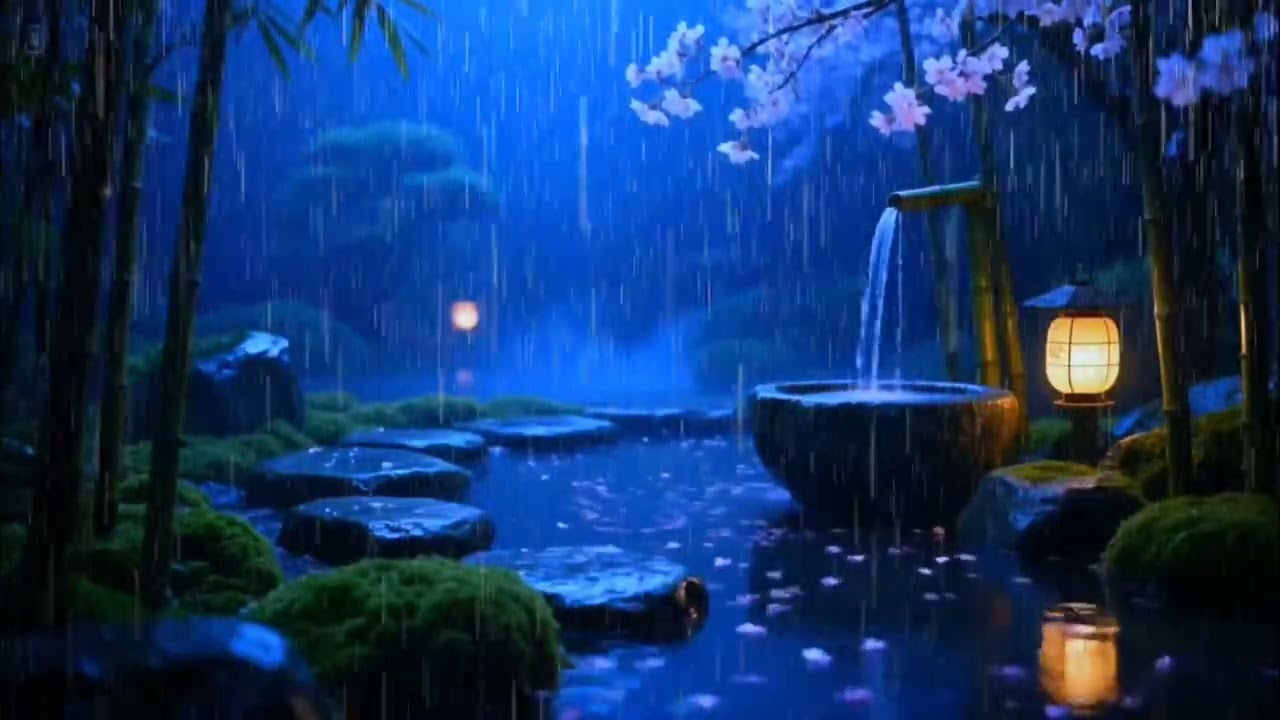 Serene Night Rain and Relaxing Piano in a Zen Garden | Deep Sleep Calm