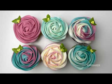 Rosette Rose buttercream cupcakes with tip1M.6 ways to prepare bag visit anhbakes.com for recipes