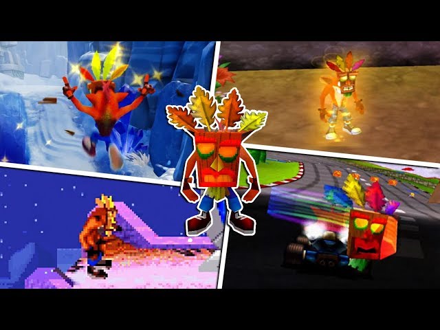 Evolution of Aku Aku Invincibility in Crash Bandicoot Games HD class=