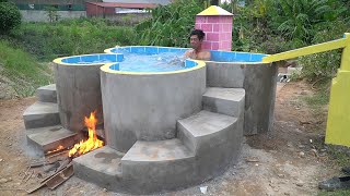 Build a heart-shaped hot water swimming pool with bricks and cement