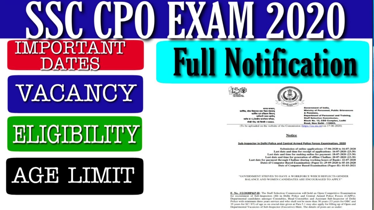 SSC CPO EXAM 2020 NOTICE OUT SSC CPO 2020 ALL DETAILS HOW TO FILL SSC
