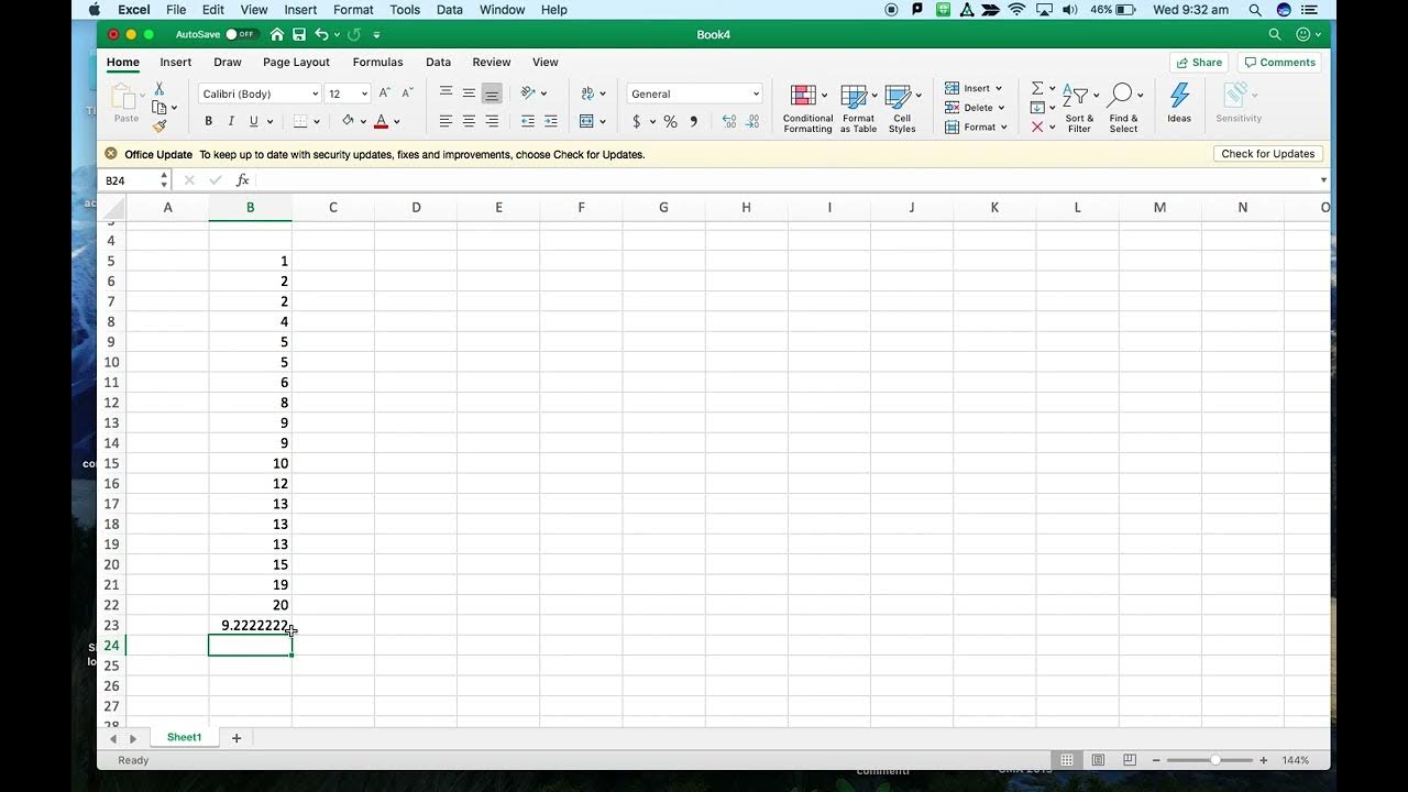 B spreadsheet Mean of data YouTube