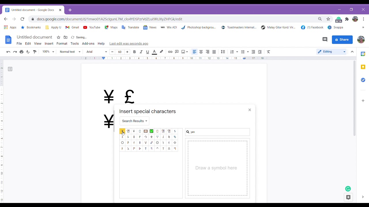 How to write yen and pound symbols on Google DOCS
