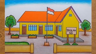 Cara Menggambar Sekolah Yang Bagus Dan Mudah || Menggambar Sekolah SD