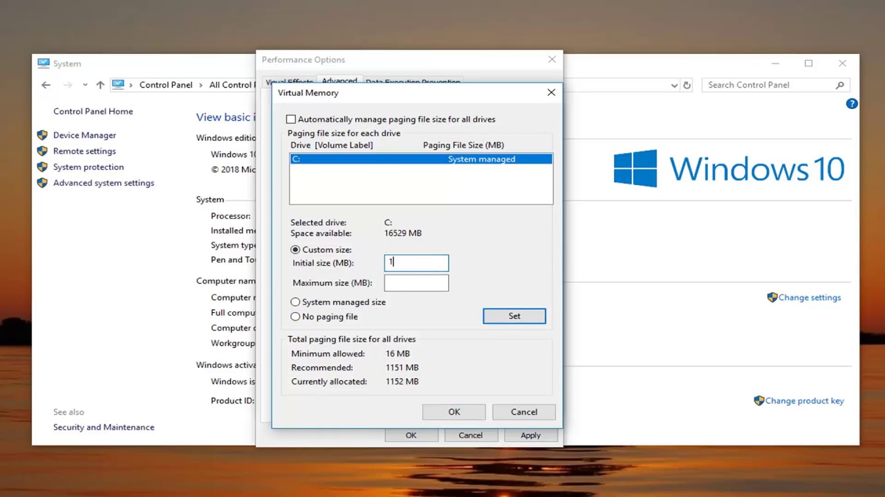 Windows 10 to Adjust Virtual Memory -