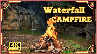 4K Campfire by the Waterfall with a Small Lake - Crackling Fire in the Woods & Serene Nature Sounds