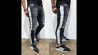 Мужские рваные джинсы с дырками по колено, облегающие полосками сбоку, уличная одежда для хип хопа,