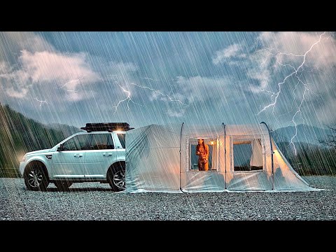 ☔ Relax uyku arabası kurulumu 😴 Kışın şiddetli yağmur tüneli çadırı / ASMR'de tek başına araba kampı