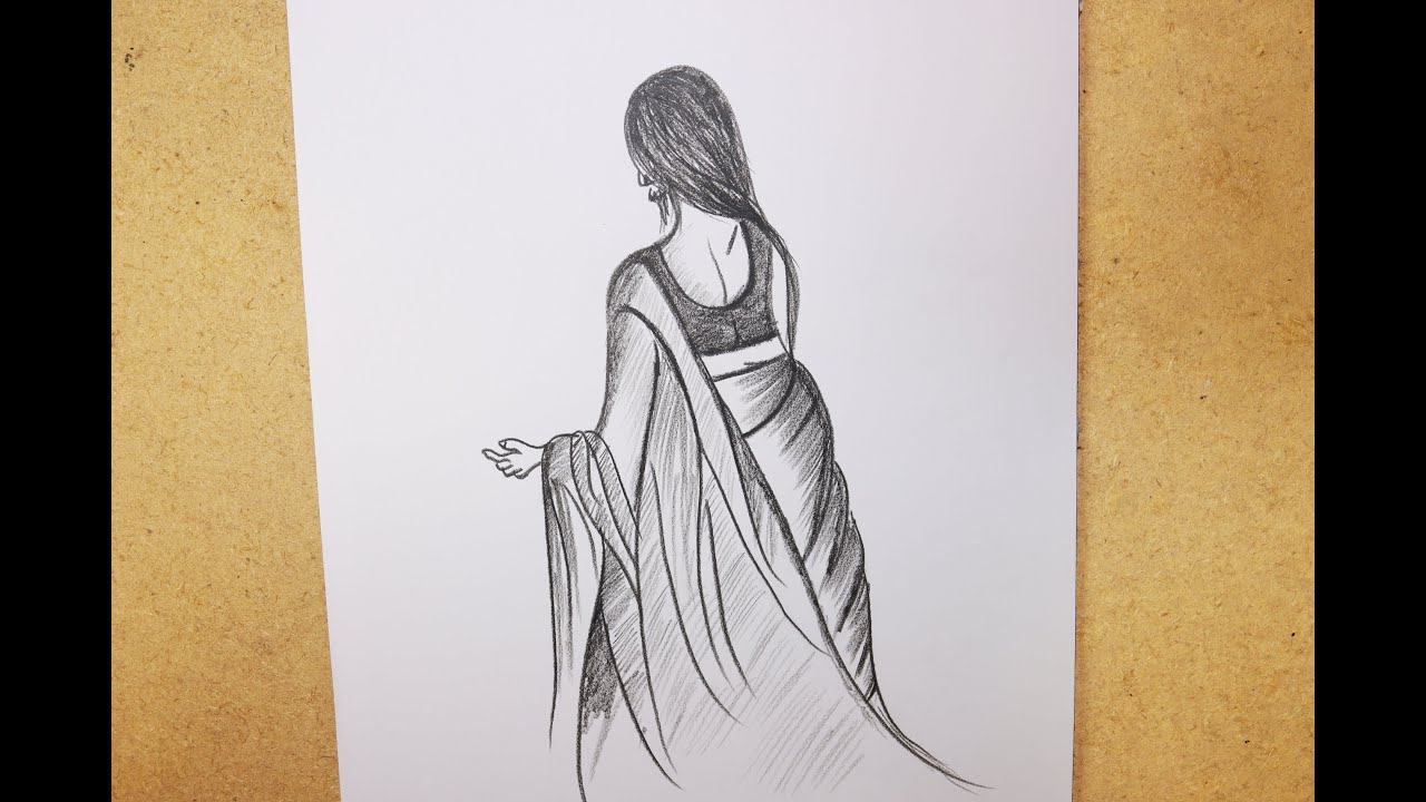 Simple sketch drawing a female backside  How to draw a female backside  with Saree step by step  YouTube