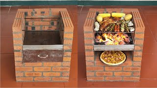 Build an outdoor barbecue from cement and red bricks, with a pizza tray