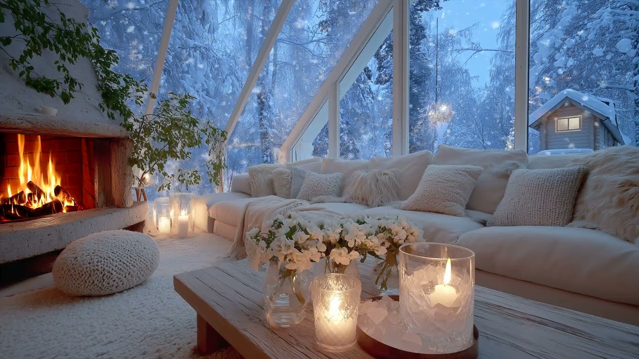 🌼 🎹 4 Hours of Calming Piano Winter Sounds with Fireplace Crackle & Snowfall for Sleep & Meditation