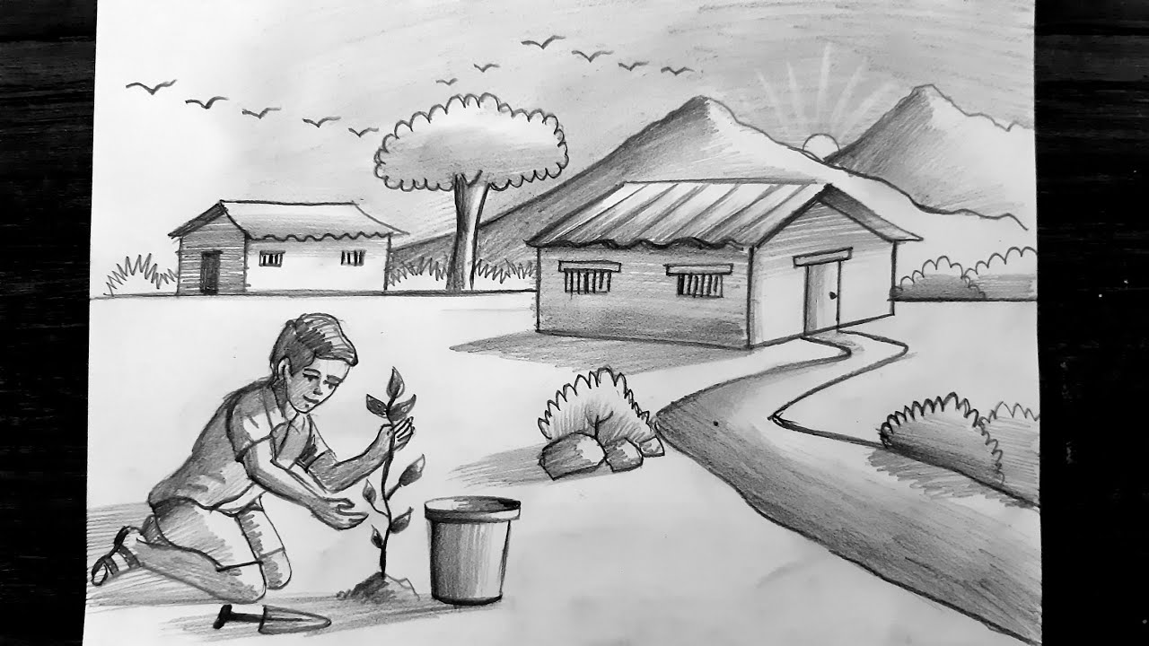 village scenery drawing | pencil drawing | pencil shading | memory ...