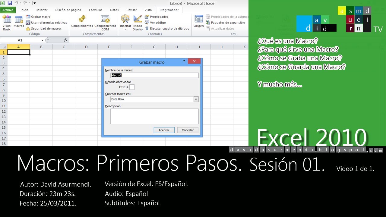 de ahora en adelante Productivo ocio Macros in Excel 2010: How to Create and Record your first Macro. Tutorial  for Beginners. Spanish. - YouTube