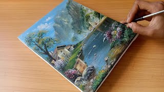 How to Draw a Mountain Lake in Acrylic/ Painting a Mountain Landscape Easy 