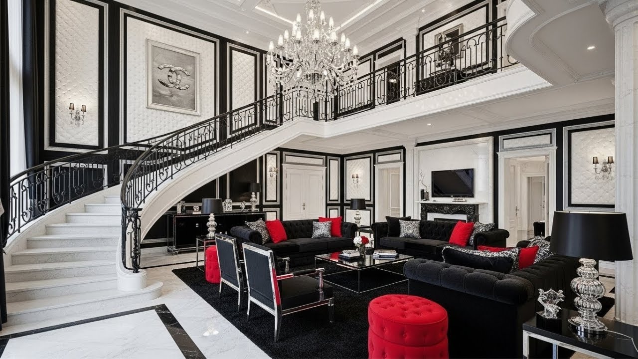 Glam Living Rooms In Black and White/Red and Silver Accents